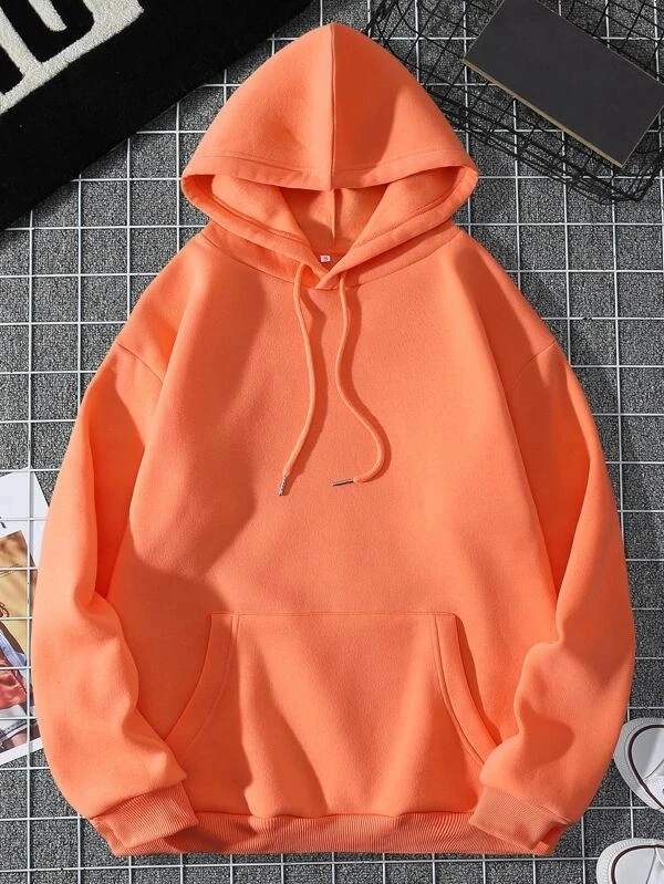 OEM Manufacture Custom Design Unisex Plain Orange Color 100% Polyester Regular Sleeve Drawstring Kangaroo Pocket Thermal Lined Pullover Hoodies